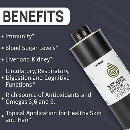 100% Ethiopian BlackSeed Oil 16.9 Fl Oz - Cold Pressed Black Seed Oil for Immune Support, High Potency 5.7% - 21% Thymoquinone Skin, Hair & Overll Health - Unrefined Black Cumin Seed Oil - Gluten Free
