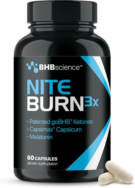 Night Burn Keto BHB Exogenous Ketones Supplement - Real Ketones Keto Diet Pills with Patented goBHB Capsimax and Melatonin for Body Sculpting (60 Count (Pack of 1), Nite)