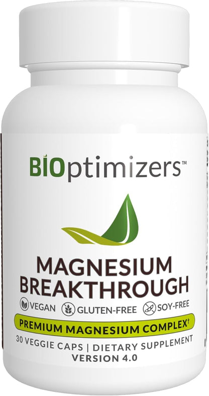BIOptimizers Magnesium Breakthrough Supplement 4.0-7 Forms of Mg: Glycinate, Malate, Citrate, and More - Natural Support for Sleep and Cognitive Function - 30 Capsules- Calming Vitamins Complex