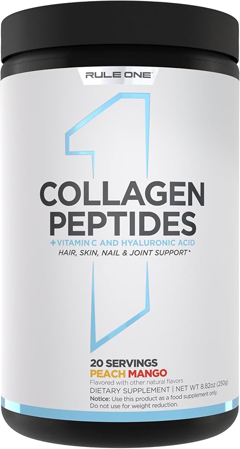 Rule 1 Collagen Peptides Powder - Hydrolyzed Bovine Collagen, Hyaluronic Acid, and Vitamin C. Supports Hair, Skin, & Nails (20 Servings, Peach Mango)