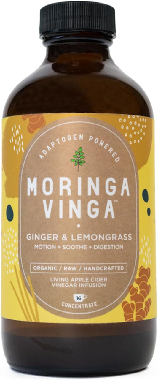 VINGA Organic Ginger & Lemongrass Moringa Infusion – Daily Herbal Tonic with Apple Cider Vinegar, Honey | Supports Motion, Digestion & Relaxation | Non-GMO, 8 oz