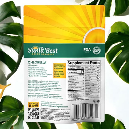 Sunlit Organic Chlorella Tablets for Natural & Full Body Cleanser 500 Count - Supplement Supports Your Gut Health, Immune System & Energy Level, High in Protein, Chlorophyll, Vitamins and Minerals