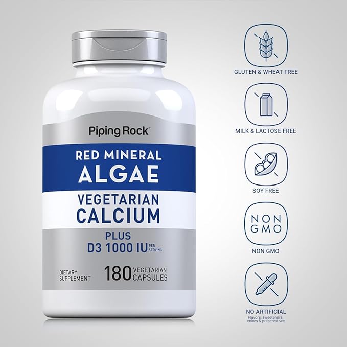 Piping Rock Red Mineral Algae | Vegetarian Calcium | 180 Capsules | Plant Based Plus Trace Minerals | Plus D3 1000 IU | Non-GMO, Gluten Free Supplement