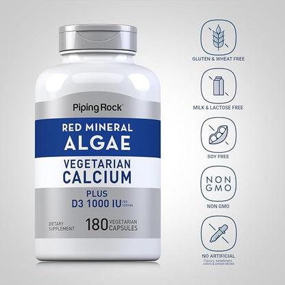 Piping Rock Red Mineral Algae | Vegetarian Calcium | 180 Capsules | Plant Based Plus Trace Minerals | Plus D3 1000 IU | Non-GMO, Gluten Free Supplement