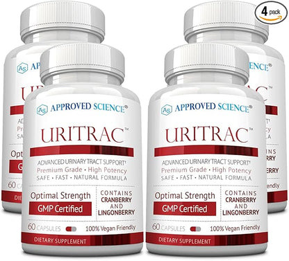 Approved Science® Uritrac™ - UTI Support - Cranberry, D-Mannose, Lingonberry - Vegan Friendly - 60 Capsules per Bottle - Pack of 4