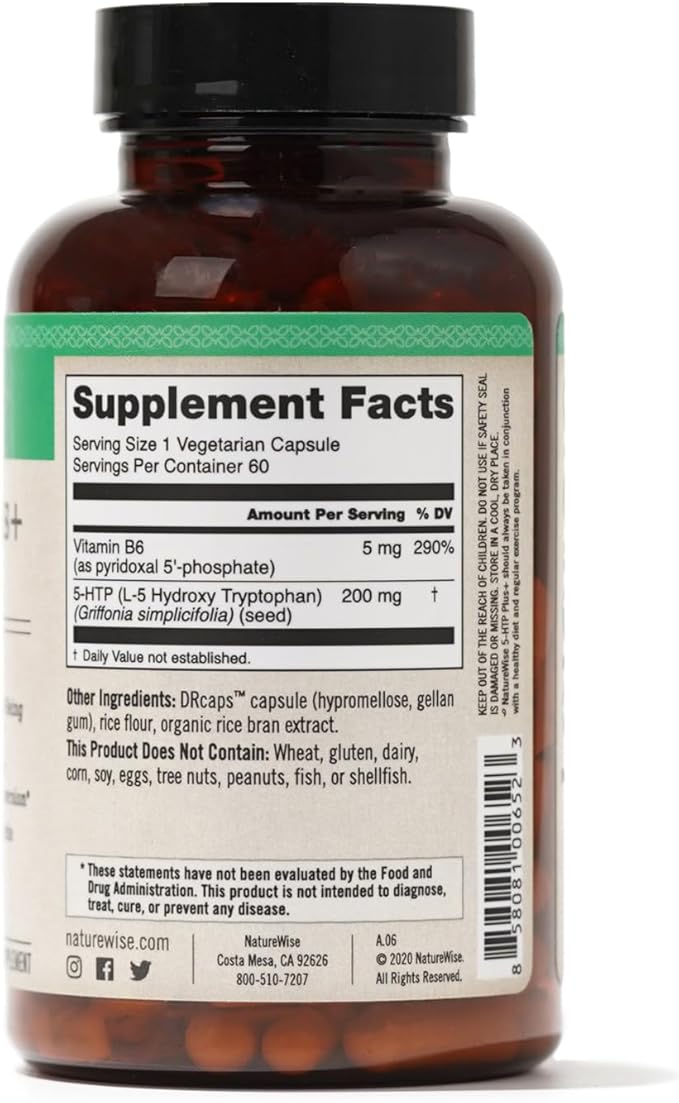 NatureWise 5-HTP 200mg Supplement from Griffonia Seeds with Cofactor Vitamin B6 - Mood Support and Natural Sleep Aid for Adults - Delayed-Release, Vegan - 60 Count[2-Month Supply]