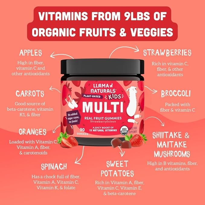 Llama Naturals Kids Multivitamin Gummies, Vegan, Organic with Vitamin D, C & K, Toddler Real Fruit Gummy Vitamins, Chewable Supplement, Whole Food Multivitamin, No Added Sugar Cane, Strawberry, 90 Ct