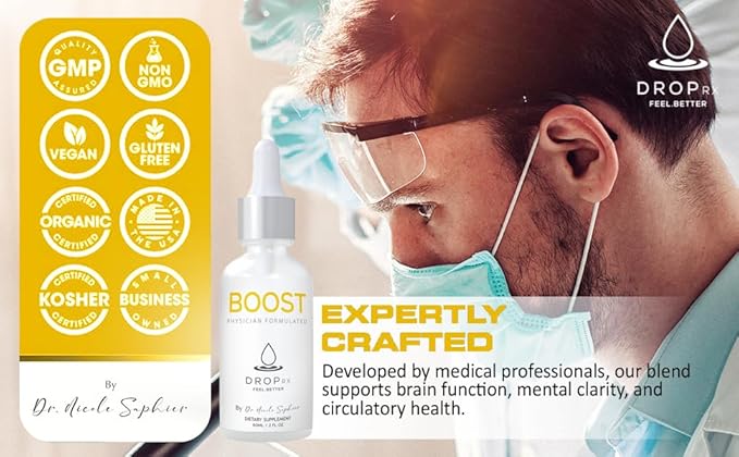 DropRx Boost by Dr. Nicole Saphier – Maca Root, Ashwagandha, Lions Mane & Peppermint Leaf Extract for Vitality Support, Non-GMO, Vegan, Gluten-Free, Kosher, Made in USA (2 Fl Oz)