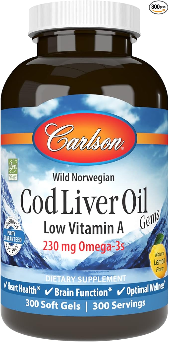 Carlson - Cod Liver Oil Gems, Low Vitamin A, 230 mg Omega-3s, Norwegian, Wild Caught, Sustainably Sourced, 300 Softgels
