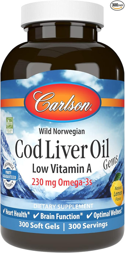 Carlson - Cod Liver Oil Gems, Low Vitamin A, 230 mg Omega-3s, Norwegian, Wild Caught, Sustainably Sourced, 300 Softgels