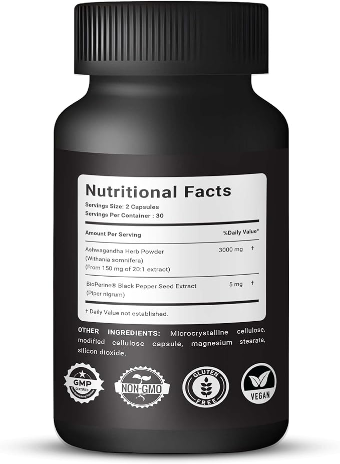 KANTAR Organic Ashwagandha Capsules 3000mg for Extra Strength, Stress & Mood, Focus and Energy Support Supplement Support with BioPerine for Absorption Free of Gluten and SOYA - 60 Capsules