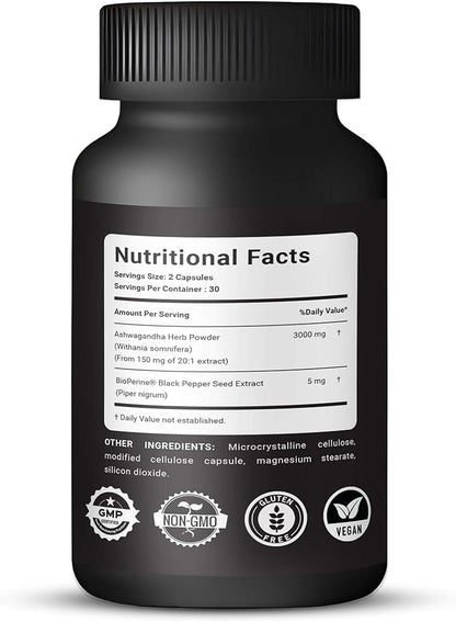 KANTAR Organic Ashwagandha Capsules 3000mg for Extra Strength, Stress & Mood, Focus and Energy Support Supplement Support with BioPerine for Absorption Free of Gluten and SOYA - 60 Capsules