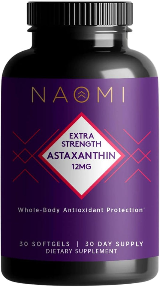 NAOMI Extra Strength Patented Astaxanthin 12mg Supplement from Alaskan Algae - Natural Support for Skin & Eye Health, Joint Support - Non-GMO, Gluten Free, 30 Softgels - 1 Month Supply