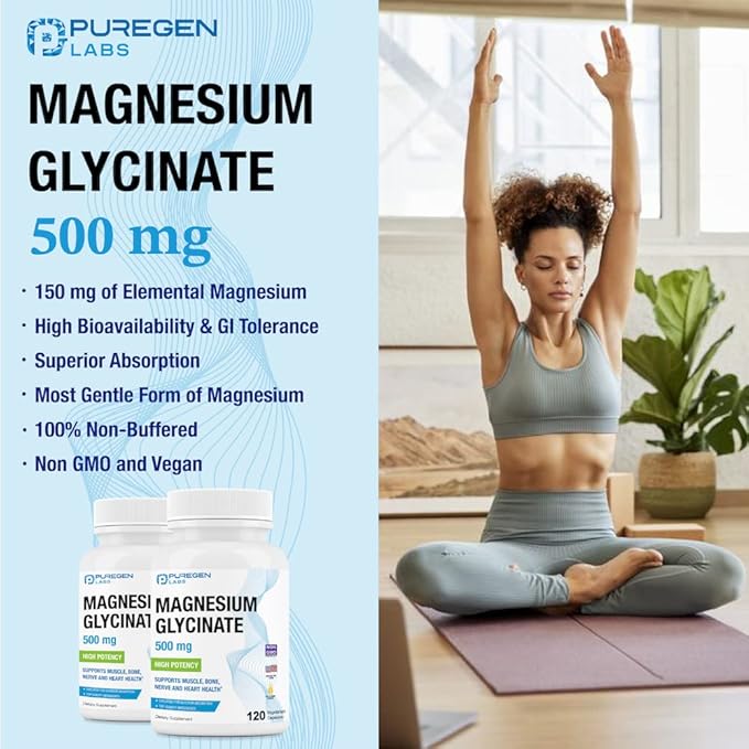 Magnesium Glycinate 500mg [High Potency] 120 Veggie Caps, Chelated for Superior Absorption | No Harmful Additives | Non-GMO, NO Gluten and Dairy, Supports Muscle, Joint, and Heart Health-Made in USA