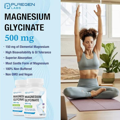 Magnesium Glycinate 500mg [High Potency] 120 Veggie Caps, Chelated for Superior Absorption | No Harmful Additives | Non-GMO, NO Gluten and Dairy, Supports Muscle, Joint, and Heart Health-Made in USA