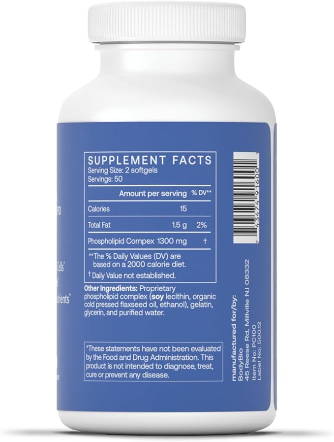 BodyBio PC - Phosphatidylcholine for Mental Clarity, Healthy Aging, Cellular Repair, and Gentle Daily Detoxification - 100 Softgels