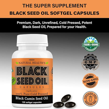 Pure Black Seed Oil Capsules 1000mg per serving - 120 Capsules - Cold Pressed and Non GMO
