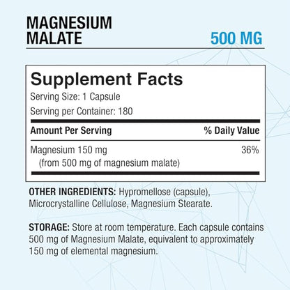 Puregen Labs Magnesium Malate 500mg | High Potency Elemental Magnesium | 180 Veggie Caps, Superior Absorption, Non-GMO, NO Gluten and Dairy, Supports Muscle, Joint, and Heart Health