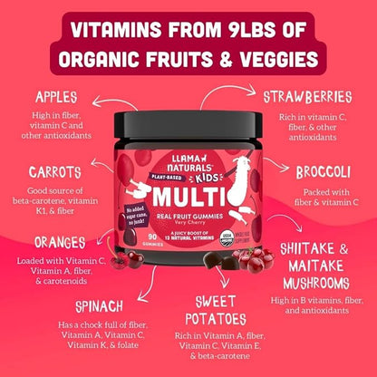 Llama Naturals Kids Multivitamin Gummies, Vegan, Organic with Vitamin D, C & K, Toddler Real Fruit Gummy Vitamins, Chewable Supplement, Whole Food Multivitamin, No Added Sugar Cane, Cherry, 90 Ct