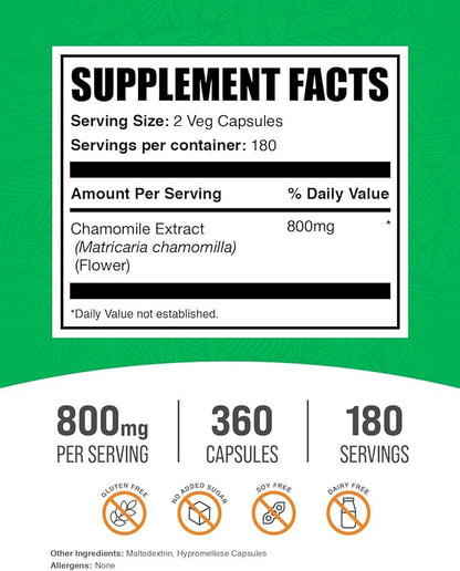 BulkSupplements.com Chamomile Extract Capsules - Chamomile Supplement, from Chamomile Flowers - Gluten Free, 2 Capsules per Serving, 360 Count (Pack of 1)