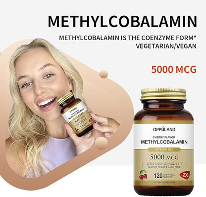 Methyl B-12 5000mcg Chewable with Folate - Vitamin B12 Methylcobalamin Sublingual Tablets - Supports Energy & Brain Function - Vegan Supplement - Cherry Flavor - 120 Count