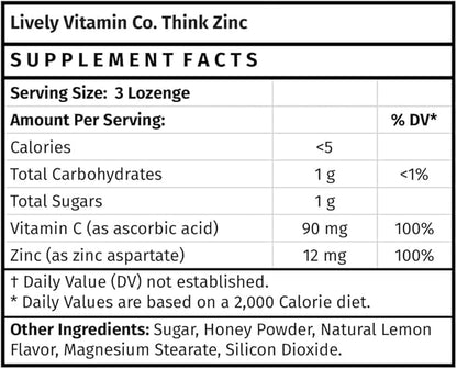 Lively Vitamin Co. Think Zinc - Vitamin C - Lemon - Honey - Immune Function - Health - Chelated Mineral Have Superior Absorption - Cold - Cough - Sick - Illness - Antioxidant - 60 Lozenges
