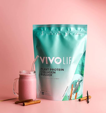 Vivo life - Plant Protein Collagen Builder with Vitamin C, Amino Acids and Hyaluronic Acid, Support Healthy Hair, Skin & Nails, Vegan (Vanilla & Cinnamon)