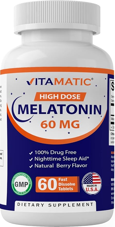 Vitamatic Melatonin 60 mg Fast Dissolve Tablets - 60 Vegan Natural Berry Flavor Tablets - Non-Habit Forming - Non-GMO, Gluten Free (1 Bottle)