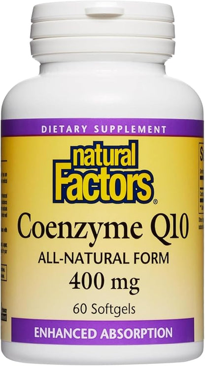 Natural Factors Coenzyme Q10 400 mg, Natural Coenzyme Q10 Supplement for Energy, Heart and Cognitive Support, 60 Softgels