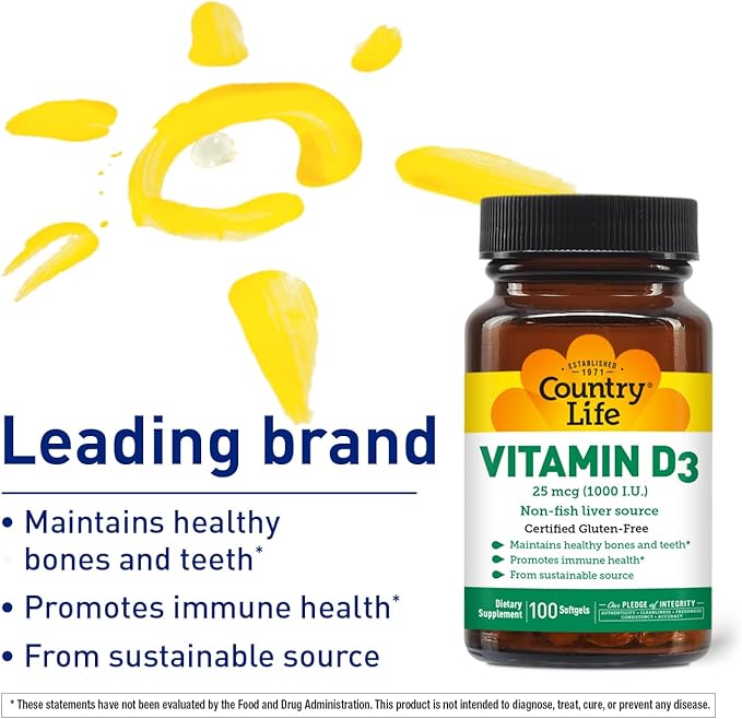 Country Life Vitamin D3, Non-Fish 1000 IU, 100 Softgels, Certified Gluten Free
