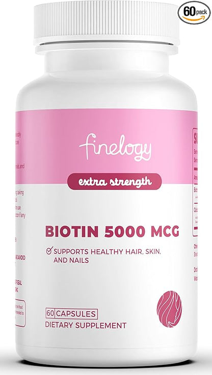 Extra Strength Biotin 5000 MCG, 60 Capsules for Hair, Skin, Nail & Bone Health, Non-GMO & Gluten-Free, High-Potency Biotin Supplement (2-Month Supply)