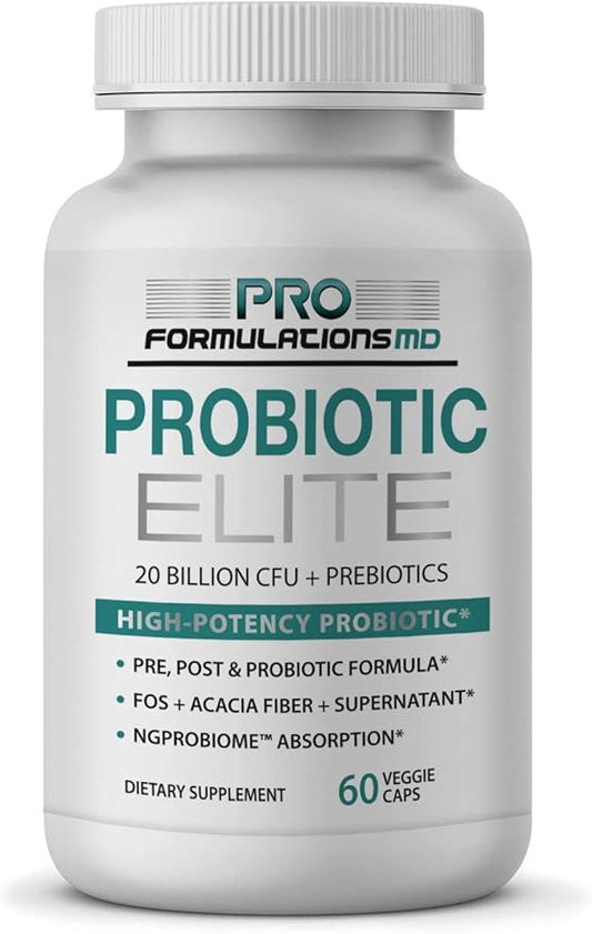 Probiotic Elite – Synbiotic with FOS + Supernatant – 60 vcaps – Pre, Post & Probiotic Digestive Support with 20 Billion CFU, FOS, Acacia Fiber & Freeze – Dried Culture Powder