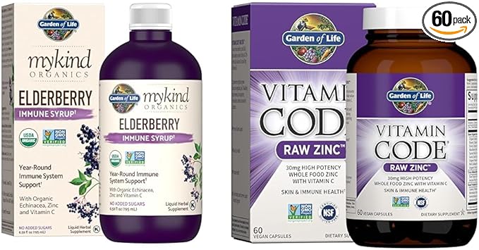 Garden of Life Organics Plant-Based Elderberry Immune Syrup 6.59 fl oz & Zinc Supplements 30mg High Potency Raw Zinc and Vitamin C Multimineral Supplement