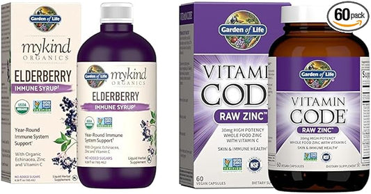 Garden of Life Organics Plant-Based Elderberry Immune Syrup 6.59 fl oz & Zinc Supplements 30mg High Potency Raw Zinc and Vitamin C Multimineral Supplement