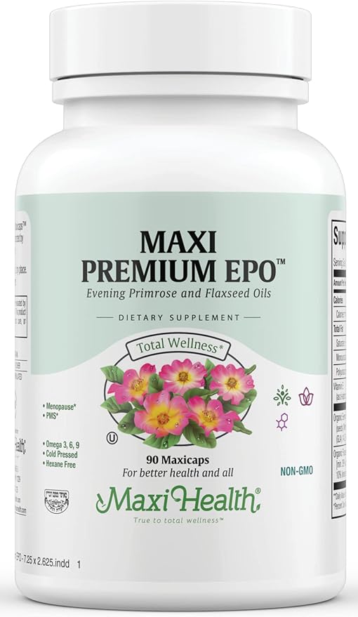 Maxi Health Women's Organic Evening Primrose Oil Capsules 1500mg - EPO Gamma Linolenic Acid Supplement - PMS & Hot Flashes Menopause Relief - GLA Hormonal Acne Supplements (90 Count)