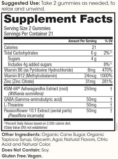 Winged Wellness Calm & Collected, Stress Relief Gummies - Stress Support Supplement with KSM-66 Ashwagandha, L-Theanine, GABA & Passionflower - Vegan & Gluten-Free Gummy - Raspberry, 42 Count
