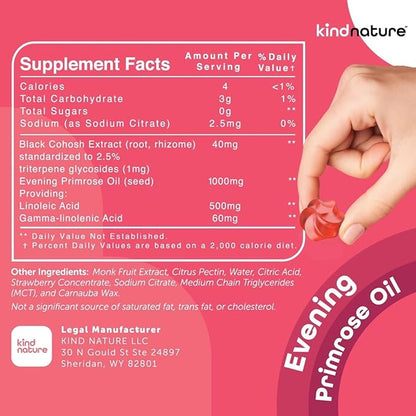 Kind Nature Evening Primrose Oil Gummies for Women – 1000mg with Black Cohosh Extract – Hormonal Balance, PMS & Menopause Support – Vegan, Sugar-Free, Non-GMO