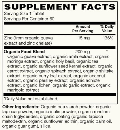 Zinc | 15mg Certified Organic Zinc from Guava with 200mg Organic Whole Food Blend | 16 Organic Fruits, Vegetables & Mushrooms | 60 Vegan Tablets