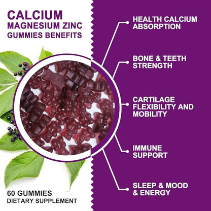 Calcium Magnesium Zinc Gummies with High Absorption Magnesium Glycinate Potassium - Plant Complex Calcium Magnesium 2:1 Ratio, with D3 Sea Moss for Bone, Muscles, Immune & Sleep Support, Vegan-2 Pack