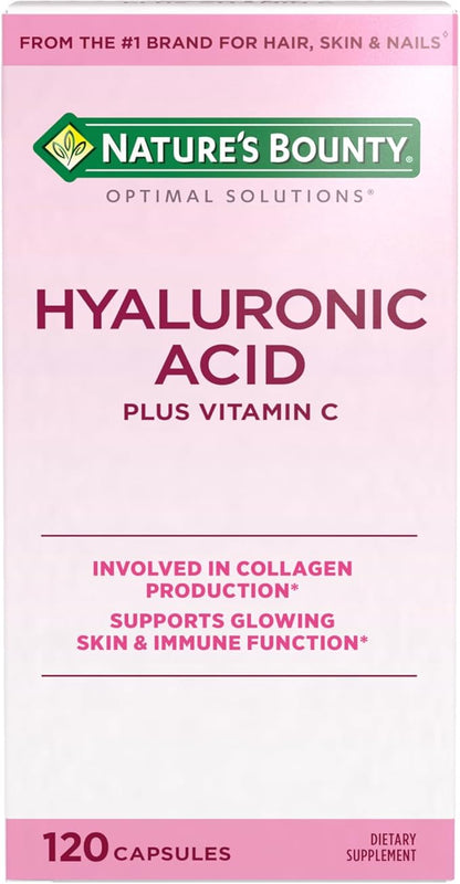 Nature's Bounty Vitamin C and Hyaluronic Acid Supplement, Supports Glowing Skin, Immune Function & Collagen Production, 120 Capsules - 60 Day Supply, Optimal Solutions Supplements for Skin Health