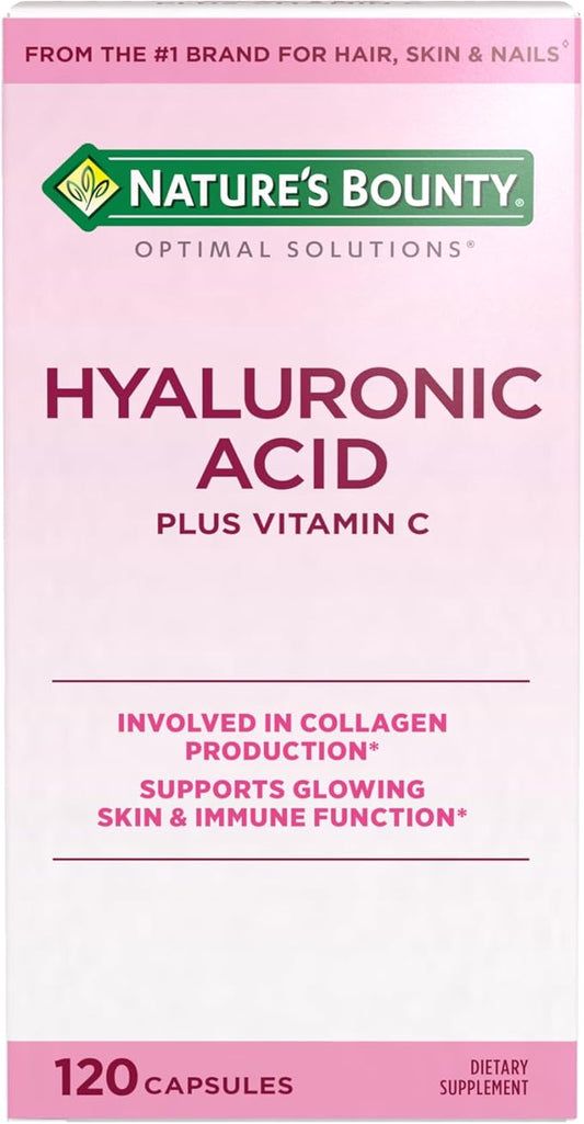 Nature's Bounty Vitamin C and Hyaluronic Acid Supplement, Supports Glowing Skin, Immune Function & Collagen Production, 120 Capsules - 60 Day Supply, Optimal Solutions Supplements for Skin Health
