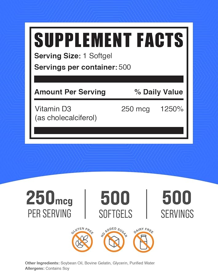 BulkSupplements.com Vitamin D3 10000IU Softgels - Cholecalciferol, D3 Supplement, Vitamin D 10000 IU - 1 Vitamin D3 Softgel (250mcg of Vitamin D) per Serving - 500-Day Supply, 500 Softgels