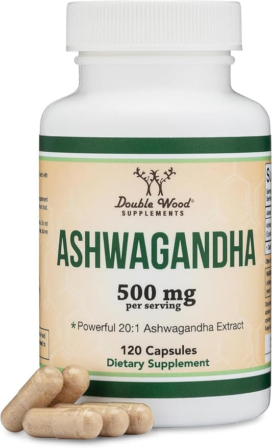 Ashwagandha Capsules, 120 Count (500mg Extract 20:1 Potency) Adaptogen Stress Relief by Double Wood