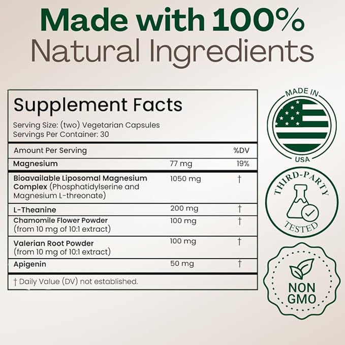 MAGPLUS+ Magnesium L-Threonate, Apigenin & Theanine - High Absorption Liposomal Magnesium Supplement Capsules - Supports Natural Deep Sleep, Calm, and Cognitive Function