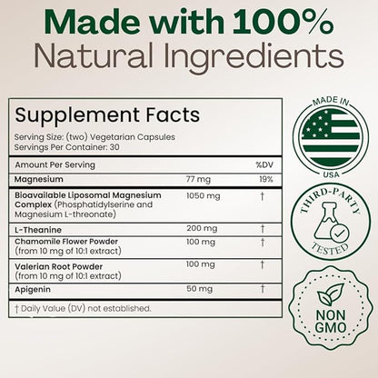 MAGPLUS+ Magnesium L-Threonate, Apigenin & Theanine - High Absorption Liposomal Magnesium Supplement Capsules - Supports Natural Deep Sleep, Calm, and Cognitive Function
