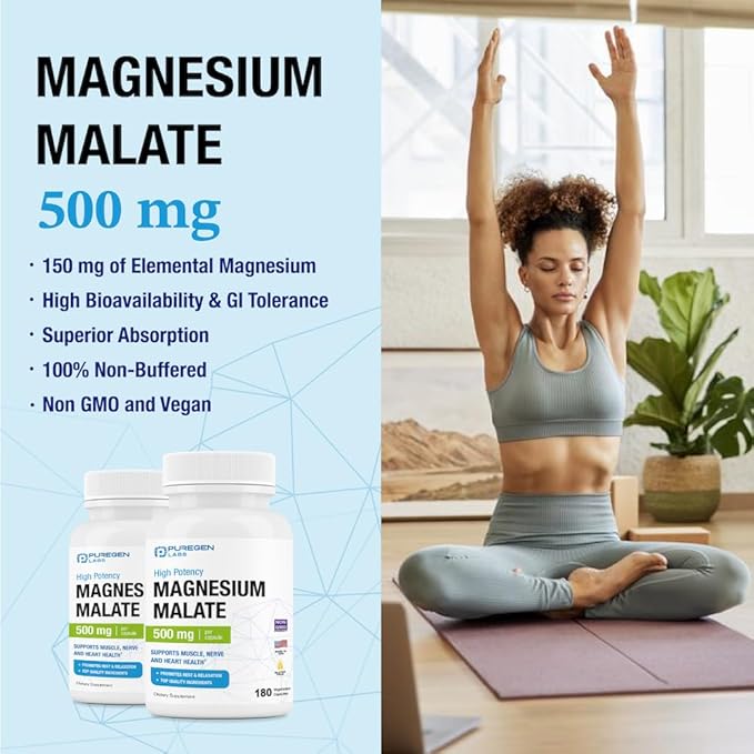 Puregen Labs Magnesium Malate 500mg | High Potency Elemental Magnesium | 180 Veggie Caps, Superior Absorption, Non-GMO, NO Gluten and Dairy, Supports Muscle, Joint, and Heart Health