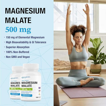 Puregen Labs Magnesium Malate 500mg | High Potency Elemental Magnesium | 180 Veggie Caps, Superior Absorption, Non-GMO, NO Gluten and Dairy, Supports Muscle, Joint, and Heart Health