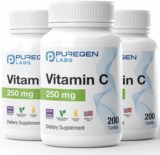 Puregen Labs Vitamin C 250 MG - Total 600 Tablets Supports a Healthy Immune System & Antioxidant Protection | Non-GMO | Gluten Free | Made in USA - 3 Pack