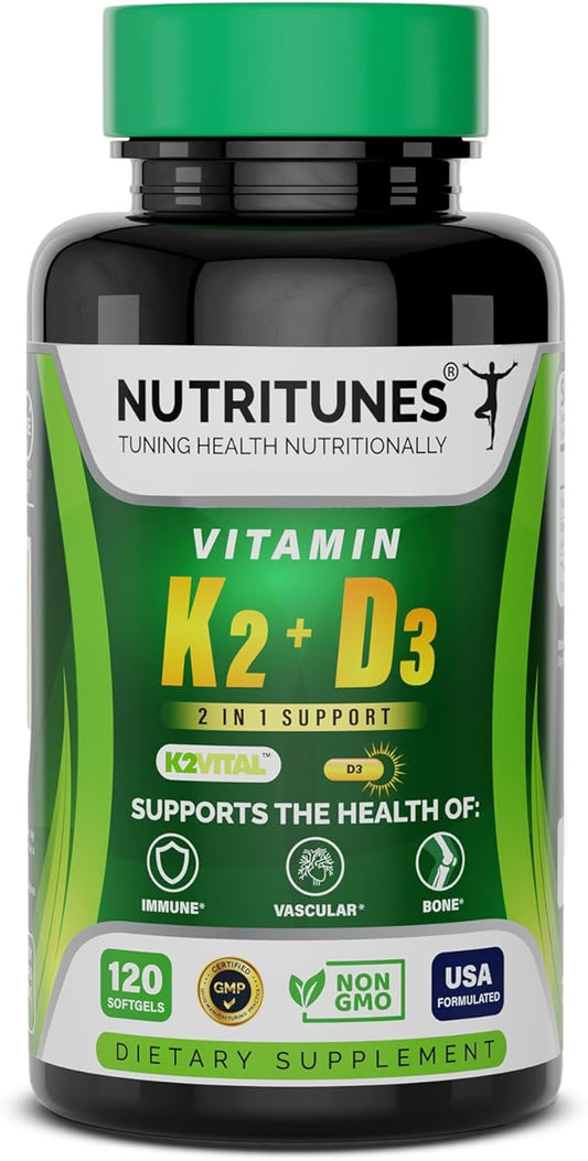 Vitamin K2 + D3 - Supports Heart, Bone & Immune Health - 100 mcg K2 (MK-7) & 5000 IU D3 - Non-GMO, Free from Gluten, Soy, & Lactose - 120 Softgels, 4-Month Supply