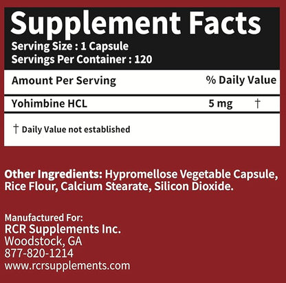 Yohimbine HCL Bark Extract Extra Strength Supplement 5mg x 120ct Capsules Premium Fat Burner, Weight Loss, Appetite Control, Male Support, Energy, and More